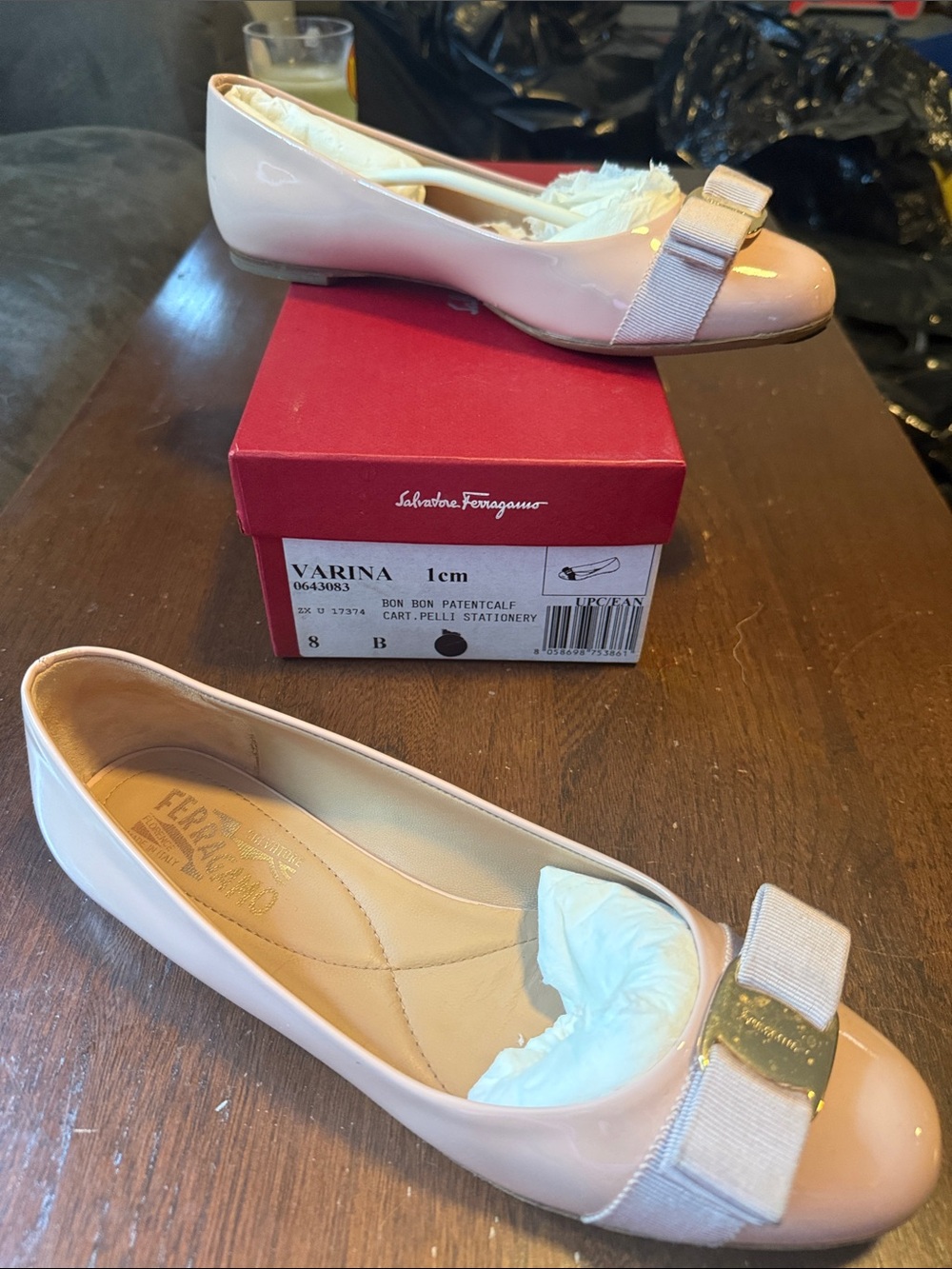 Salvatore Ferragamo Pale Pink Patent Varina Bow Flats